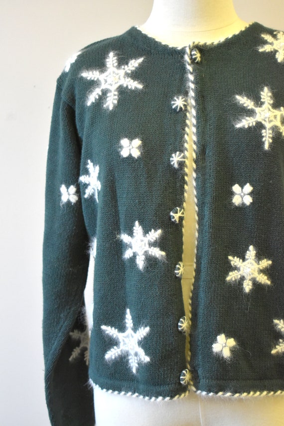 1990s Green Snowflake Cardigan Sweater - image 3