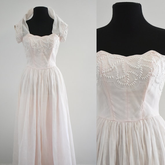 1940s Pink Organza Streapless Dress and Shrug - image 1