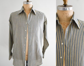 1970s Blue and Tan Striped Button Down Shirt