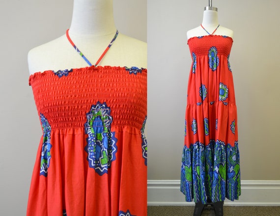 1960s Red Batik Tiered Maxi Sundress