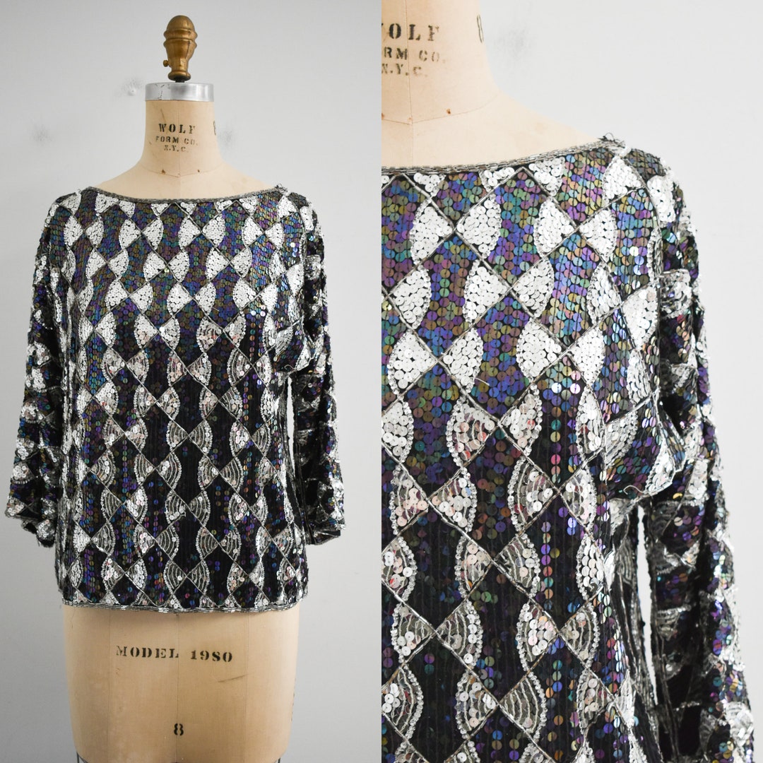 Vintage 80s Sequin Cape Black Orange Silver 14 16