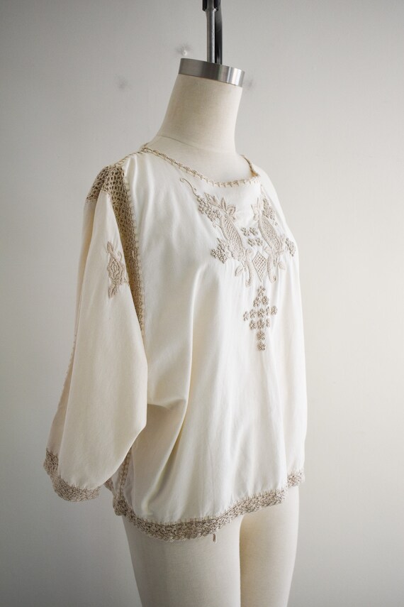 1980s Beige Blouse with Embroidery and Crochet Tr… - image 5