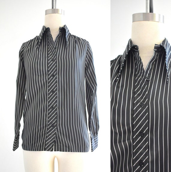 1970s Gailord Black and White Striped Blouse