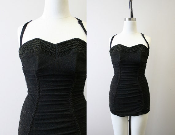 1940s Webfoot Black Terrycloth Swimsuit