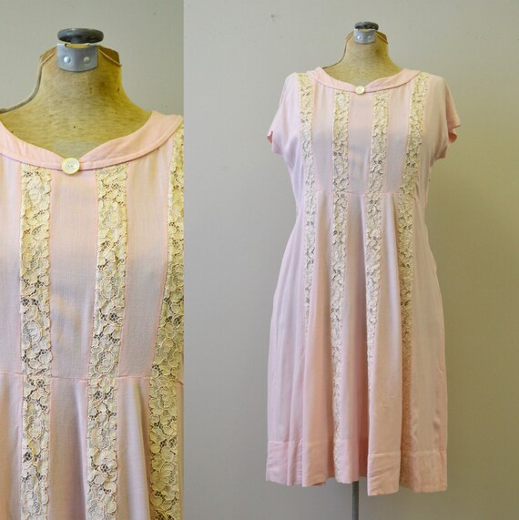 1940s Rose Pink Linen Dress with Lace - image 1