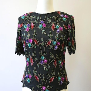 1980s Laurence Kazar Floral Sequin and Bead Blouse