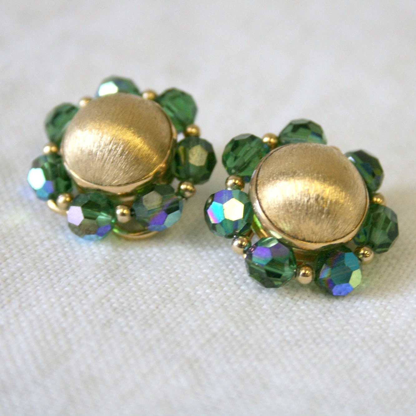1950s Napier Green Crystal and Gold Dome Clip Earrings 