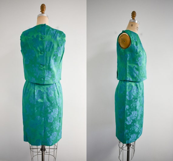 1950s/60s Blue and Green Floral Brocade Two Piece… - image 3