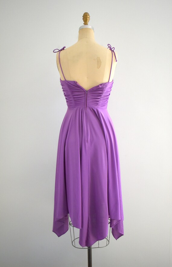 1970s Black Purple Ruffled Bare Shoulder Dress | S/M