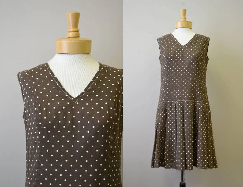 1960s California Girl Brown Polka Dot Drop Waist Dress image 2