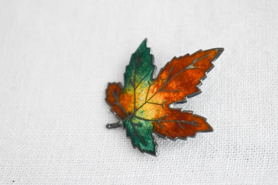 1950s Sterling and Enamel Autumn Leaf Brooch - image 2