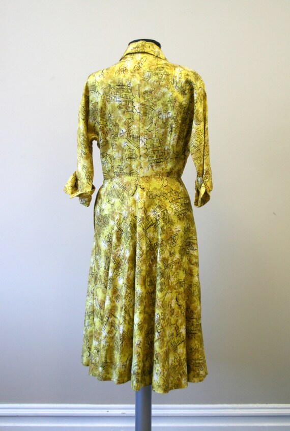 1940s Yellow Printed Silk Dress with Rhinestones - image 5