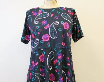 1970s Black Floral Knit Dress