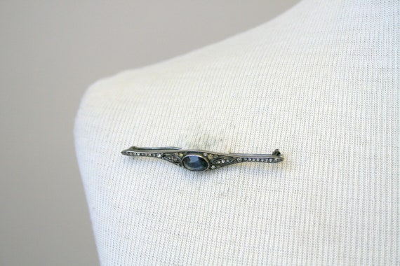 Victorian Sterling Bar Brooch with Blue Stone - image 3