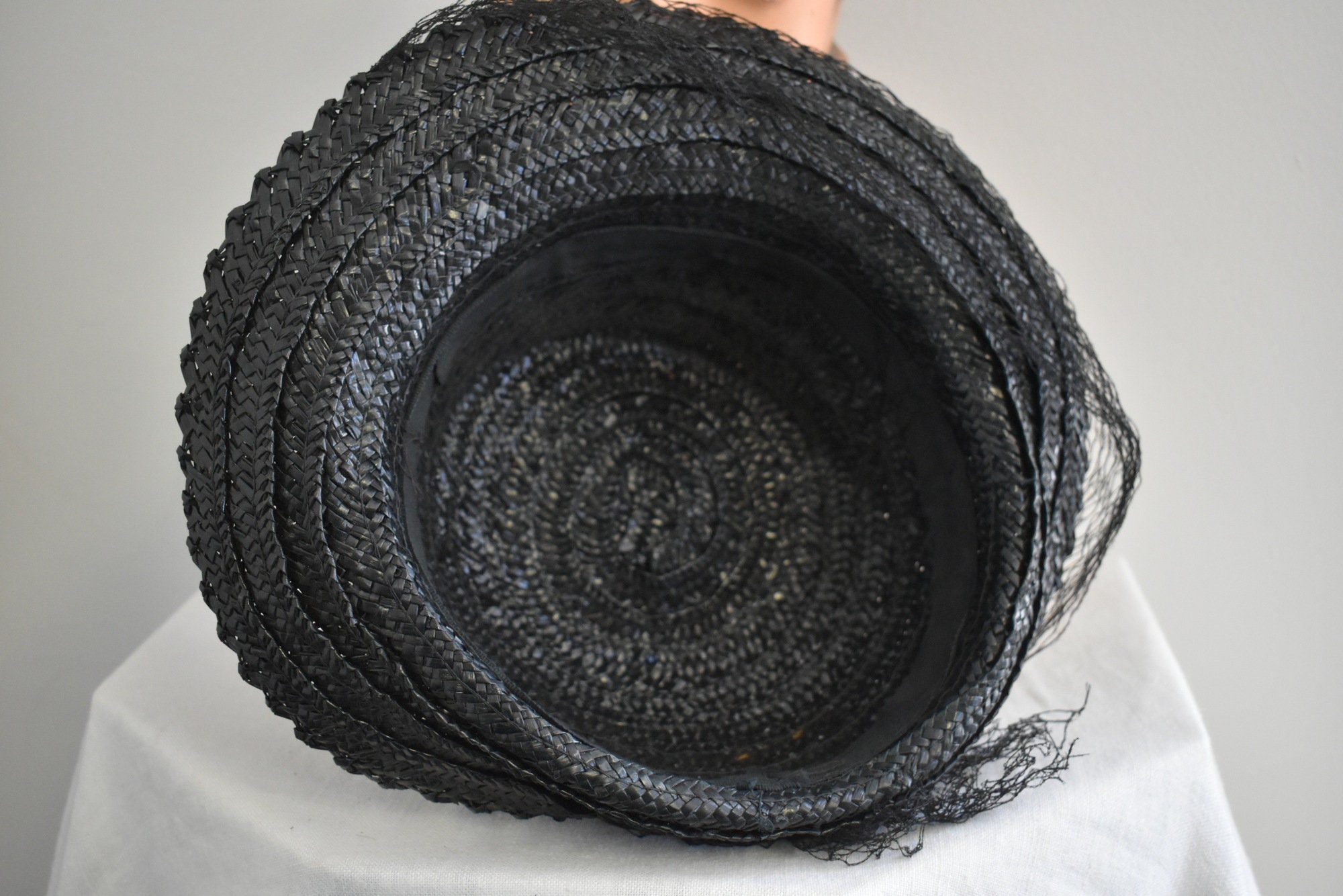 Vintage 1940s Black Straw Wide Brimmed Hat With Large Roses And A Back Band 1940s Black Straw Hat With Pink Roses and Netting - Etsy main image 3