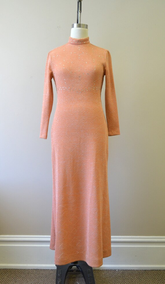 1970s Julie Francis Peach Knit Sparkle Maxi Dress - image 3