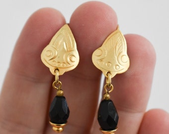 Vintage Black Bead Dangle Pierced Earrings