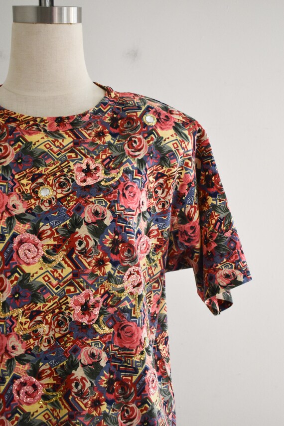 1990s Floral Embellished Oversized T-Shirt - image 3