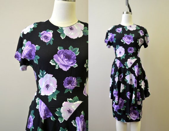 1980s-does-40 Purple Rose Print Dress with Peplum