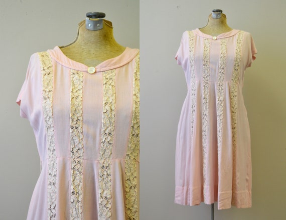 1940s Rose Pink Linen Dress with Lace