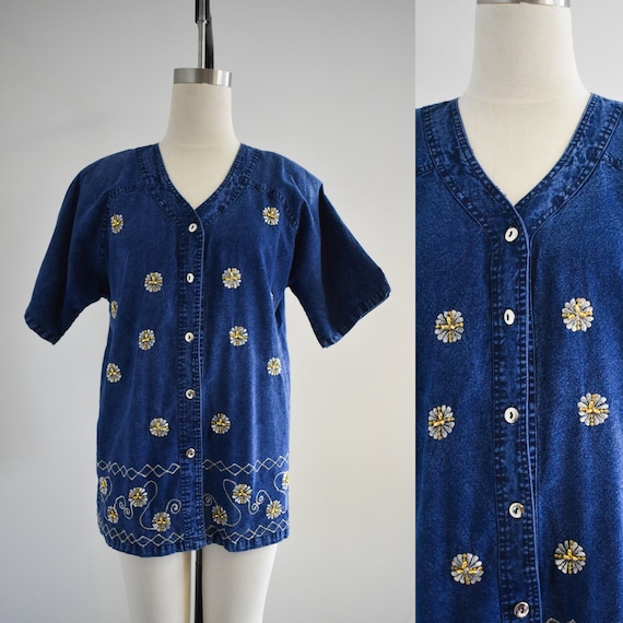 1990s Embellished Denim Shirt