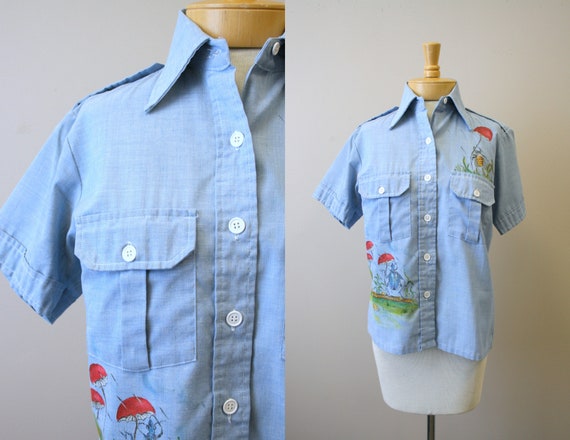 1970s Hand Painted Scarecrow Chambray Shirt