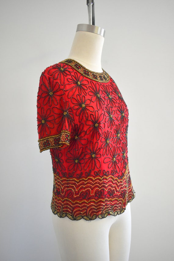 1990s Red Daisy Beaded Blouse - image 4