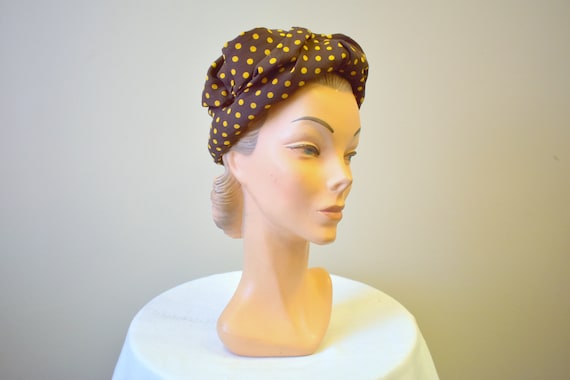 1940s Brown and Mustard Polka Dot Turban Hat