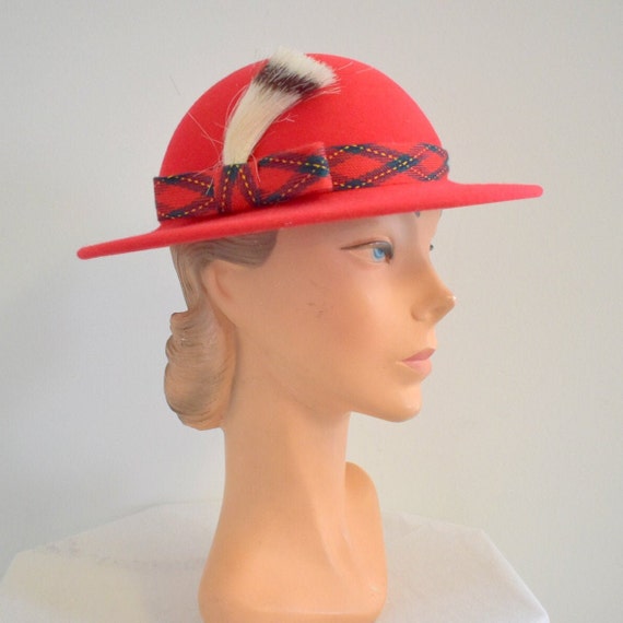 1980s Adolfo Red Hat With Plaid Band - Etsy display picture 3