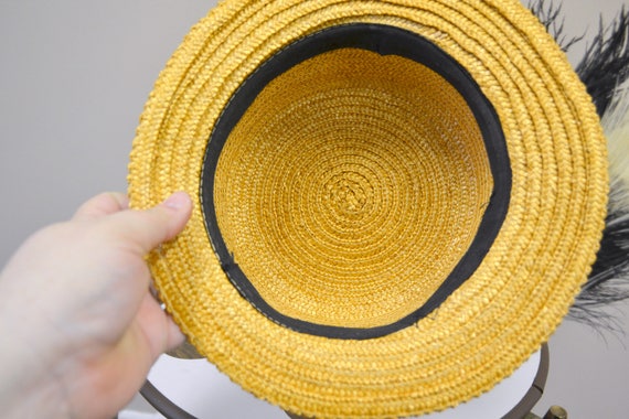 Vintage Straw Hat with Black and White Feathers - image 6