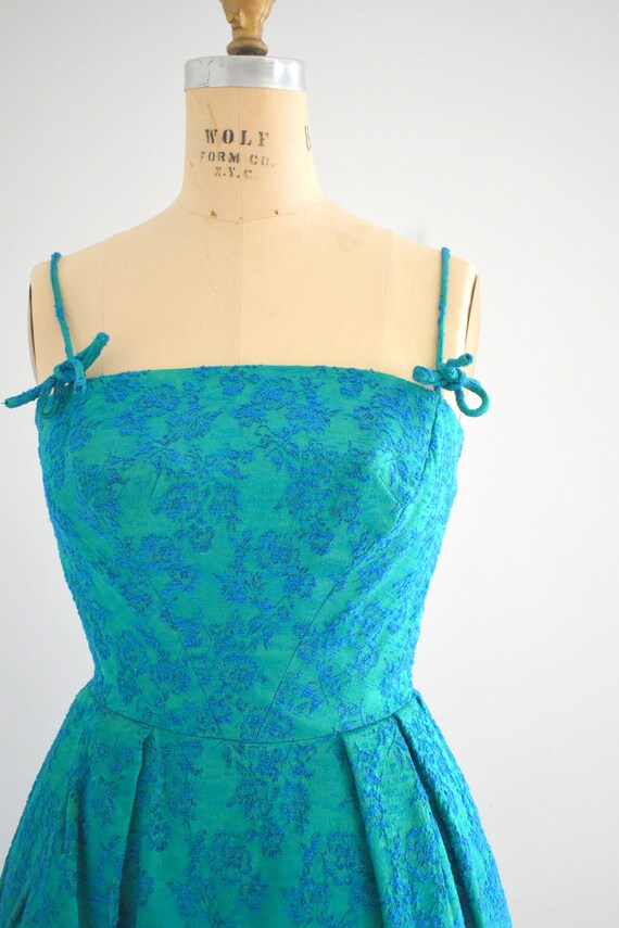 1950s/60s Rappi Green and Blue Brocade Party Dress - image 2