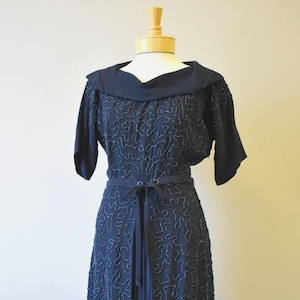 1940s Navy Blue Carnival Beaded Rayon Dress