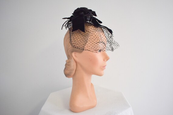 1960s Black Millinery Rose and Netting Whimsy Hat - image 2