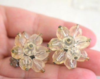 1950s Clear Crystal Bead Cluster Clip Earrings