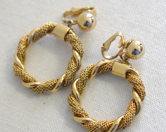 1970s Bergere Gold Twisted Hoop Clip Earrings