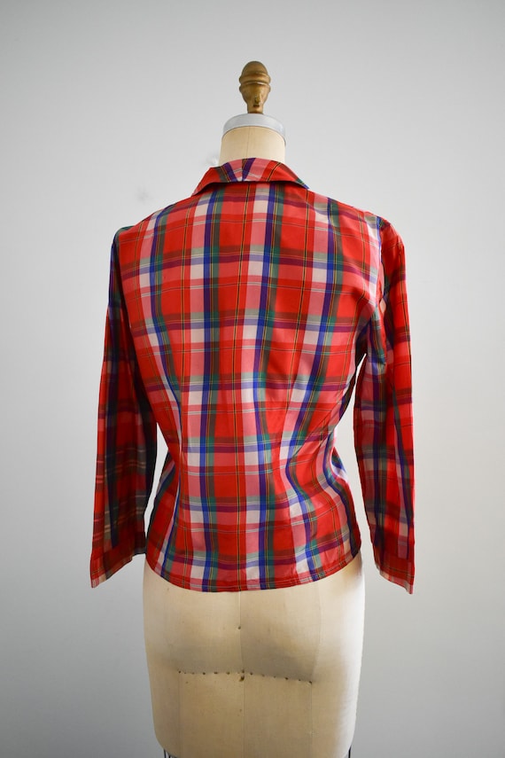 1940s Red Plaid Taffeta Blouse - image 5