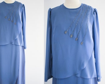 1970s Blue Chiffon Beaded Maxi Dress