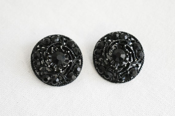 1950s/60s Black Rhinestone Circle Clip Earrings - Gem