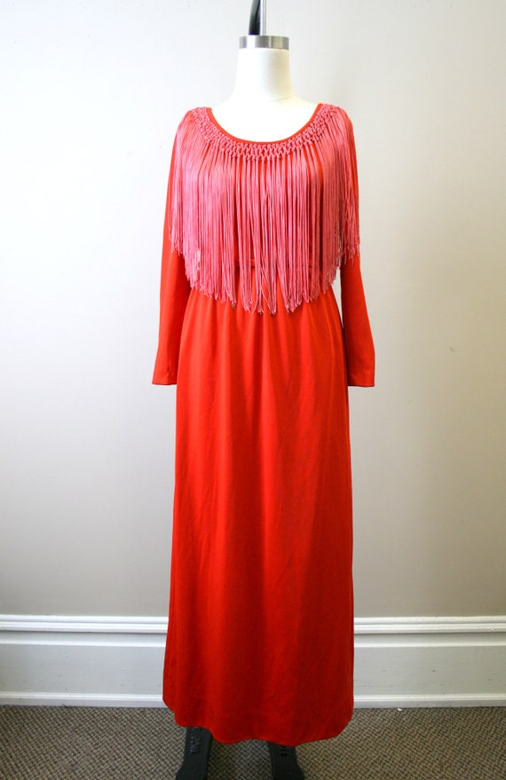 1960s Red Fringed Maxi Dress - image 3