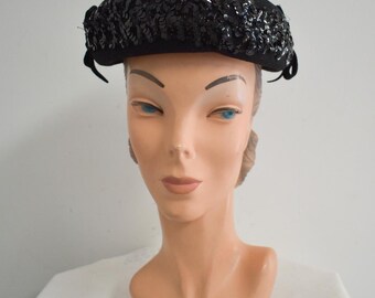 1940s Black Felt Military Hat w/ Jet Beads | Tall Vintage New York Creation Hat 1940s Military Hat - Etsy main image 4