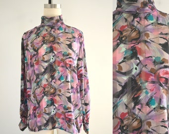 1980s Abstract Purple Floral Semi-Sheer Blouse