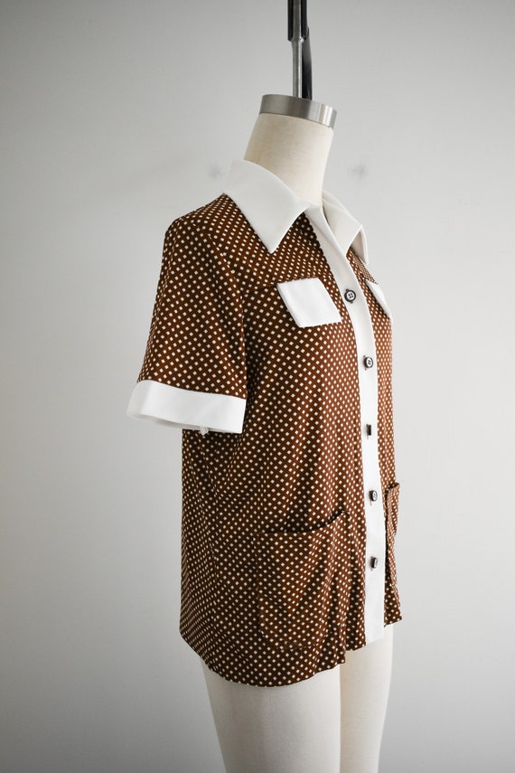 1970s Brown and White Checked Knit Shirt - image 4