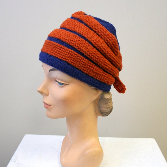 1940s Navy and Orange-Red Striped Wool Knit Hat - image 1