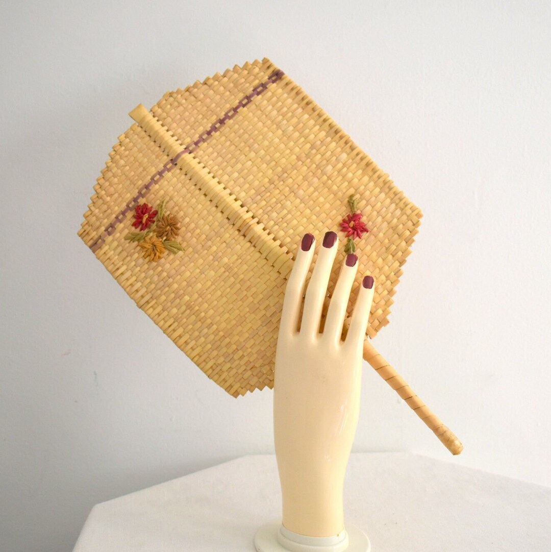 Vintage Wicker Hand Fan With Floral Stitching Etsy