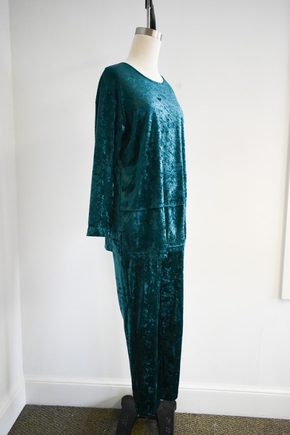 1990s Dark Green Crushed Velvet Tunic and Pants S… - image 4