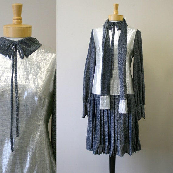 1960s Space Age Silver Drop Waist Dress - image 1