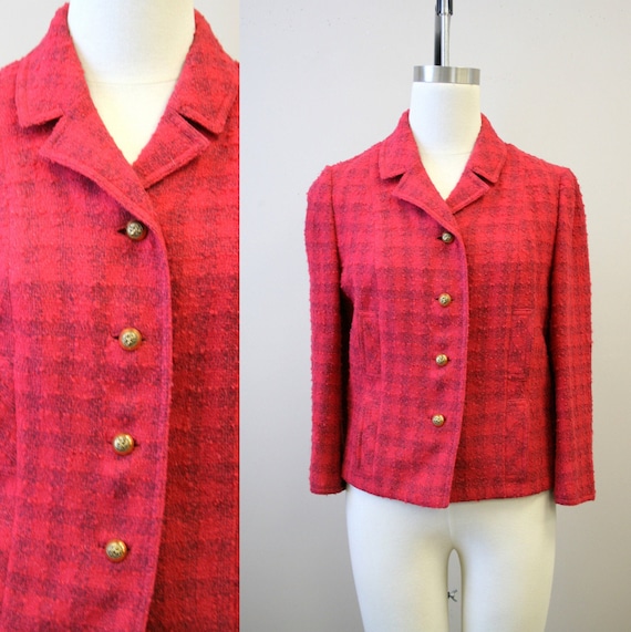 1950s Towncliffe Pink Wool Boucle Plaid Jacket - image 1