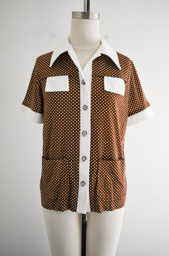 1970s Brown and White Checked Knit Shirt - image 2
