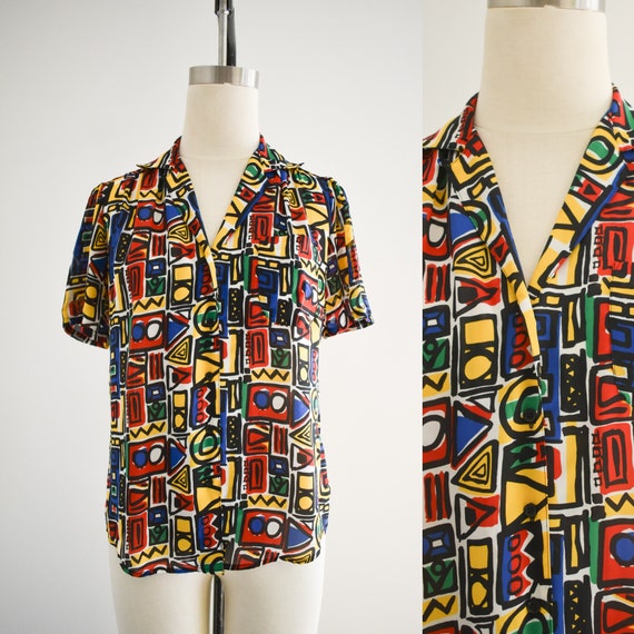 1980s Abstract Print Blouse - image 1