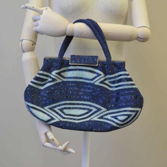 1960s Large Blue Salvia Beaded Handbag - image 1